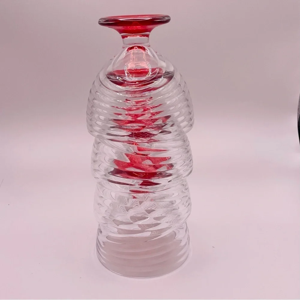 4 Vintage - ARC Swirl MCM / Ribbed Pedestal Dessert Glass Dish Flashed Red Base